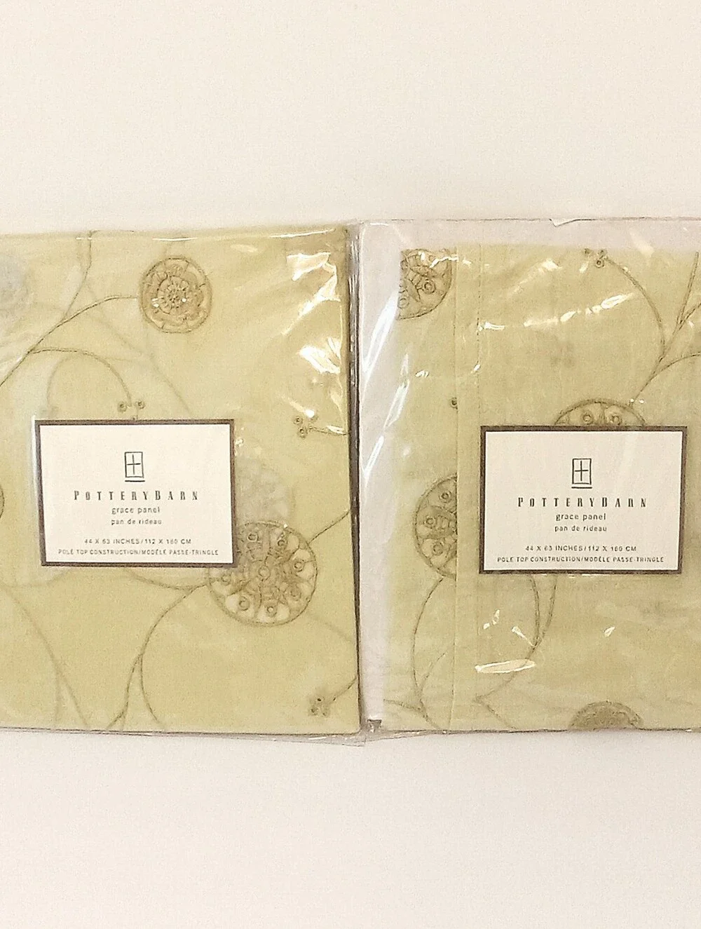 Pottery Barn Grace Curtain Panel Celery Green Embroidered 44x63 Lot Of 2